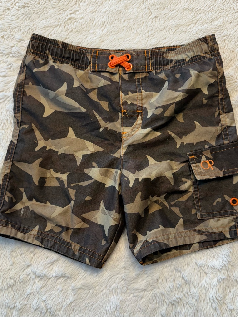 OP Kids Shark Camo Swim Trunks in Olive and Black with Orange Accents